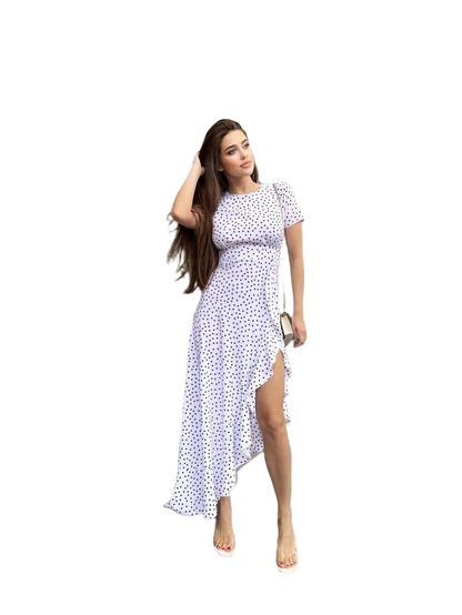 White Polka Dot Ruffled High Low Dress for Women