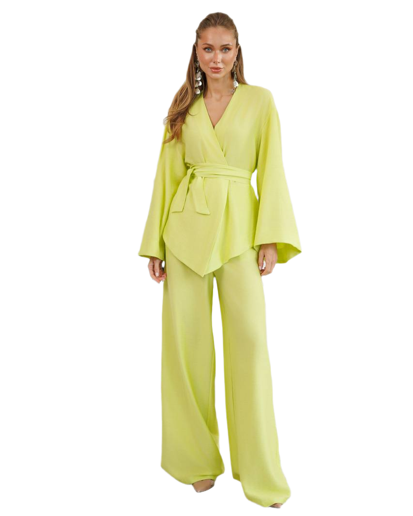 Premium Silk and Linen Boho Women's Suit with Wrap Top and Wide-Leg Pants