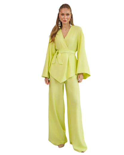 Premium Silk and Linen Boho Women's Suit with Wrap Top and Wide-Leg Pants