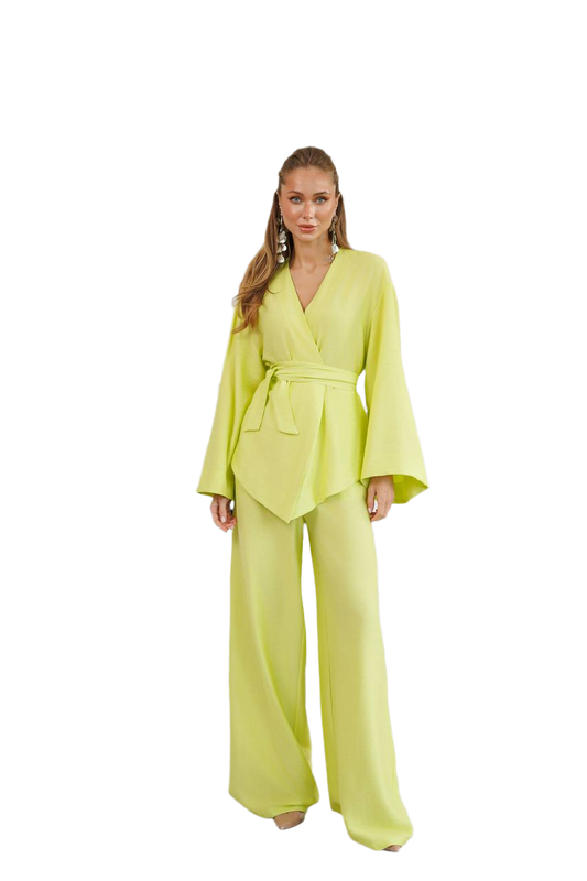 Premium Silk and Linen Boho Women's Suit with Wrap Top and Wide-Leg Pants