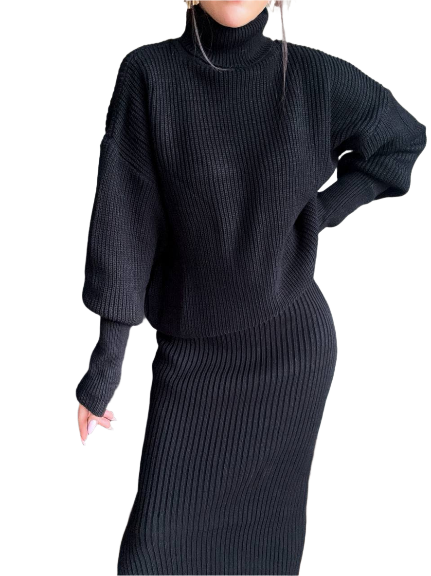 Person wearing a black ribbed knit outfit on a white background