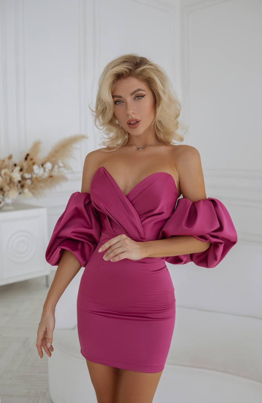 Crystal Mango Satin Dress Fuchsia Off Shoulder Puff Sleeve Sweetheart Mini Dress