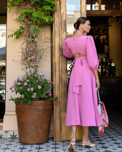 Elegant Midi Dress in Premium Diagonal Suiting Crepe with Puff Sleeves and Back Cutout