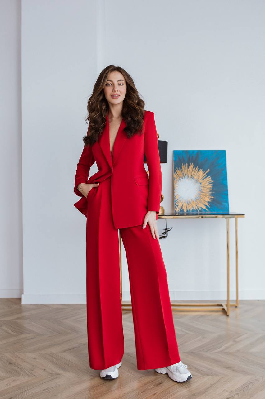 Red Diagonal Crepe Palazzo Suit Women Tailored Blazer Wide Leg Pants