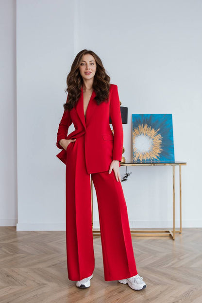 Red Diagonal Crepe Palazzo Suit Women Tailored Blazer Wide Leg Pants
