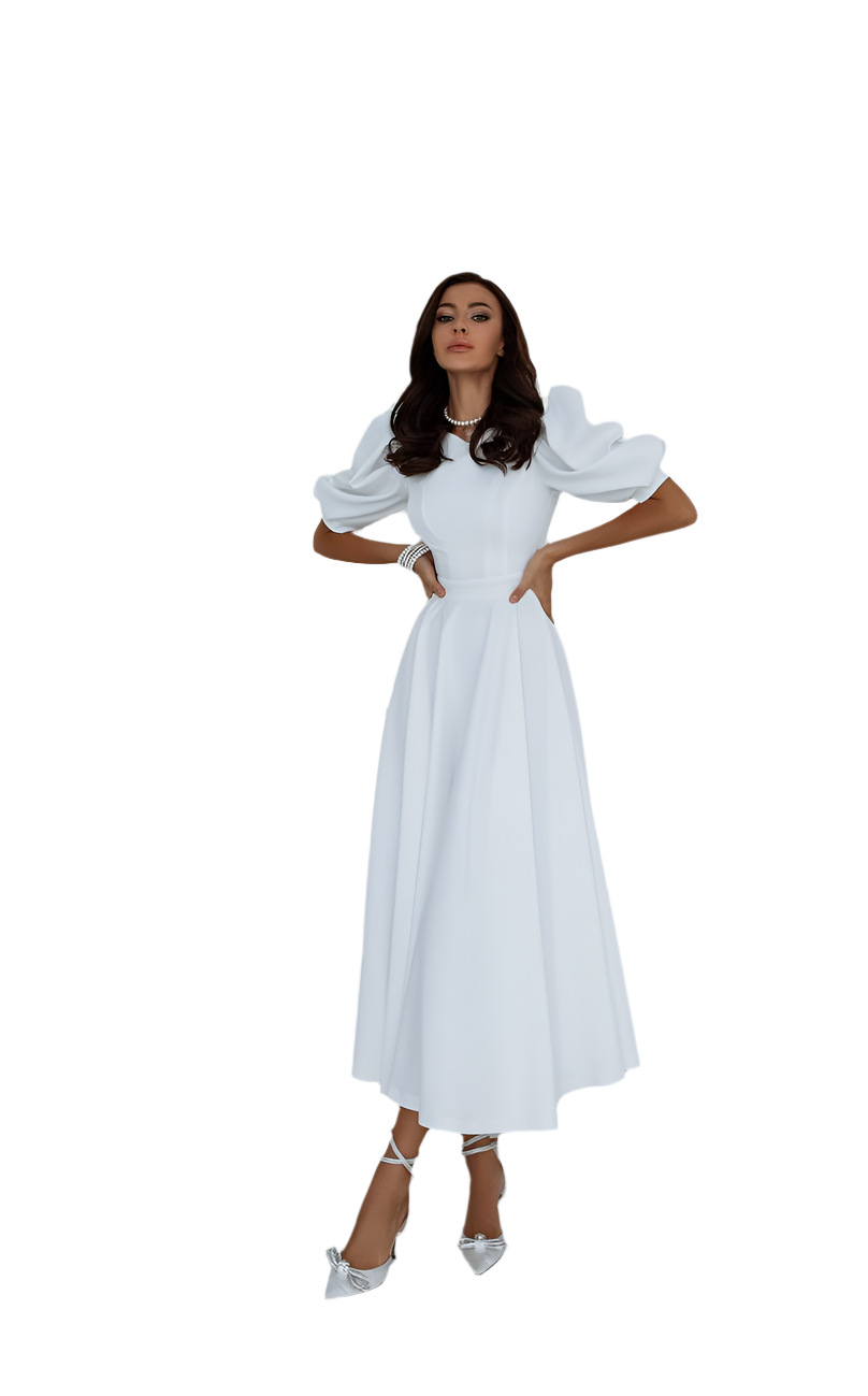 Woman wearing a white dress with puffed sleeves on a white background