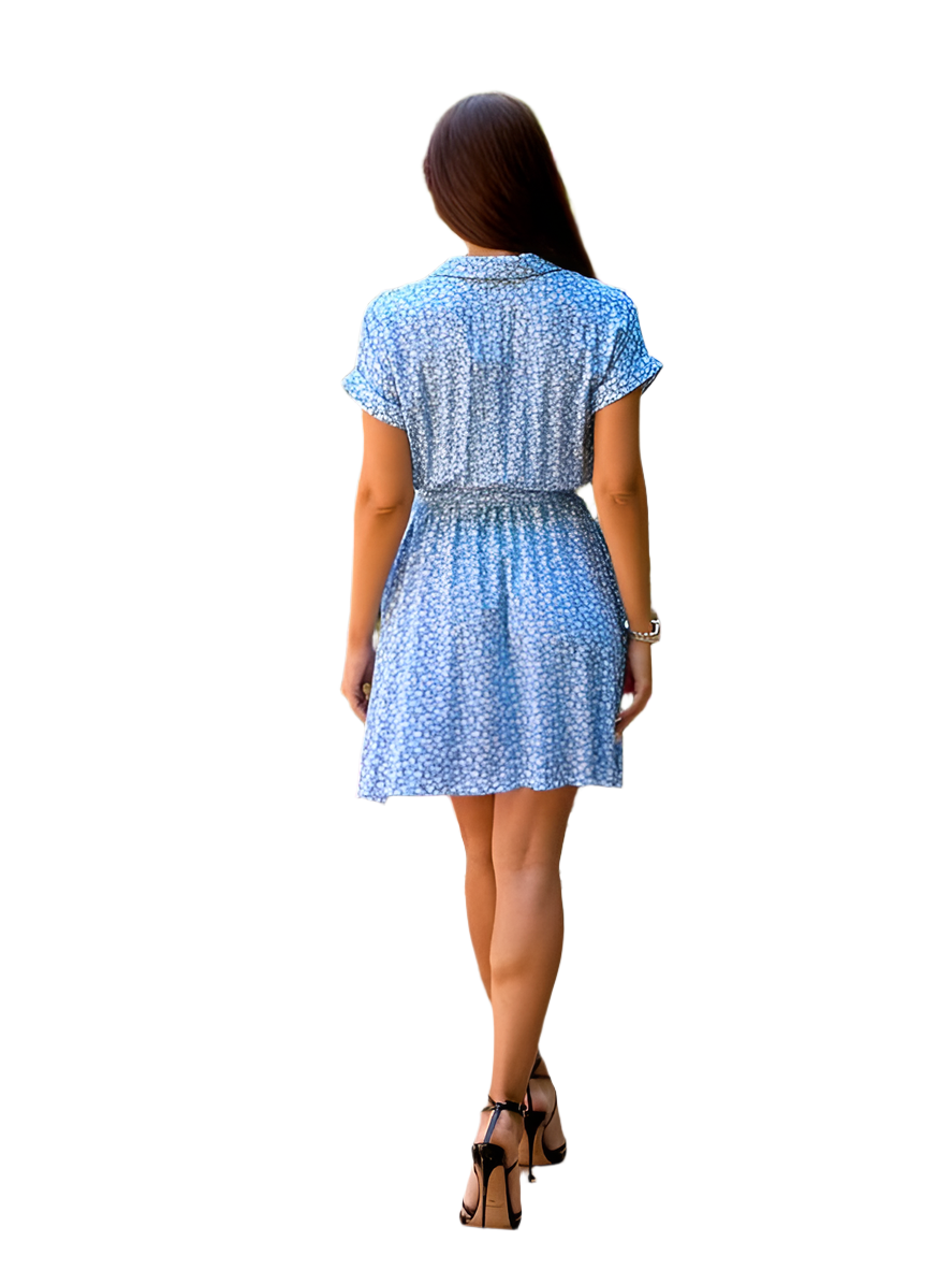 Light Blue Printed Cotton Dress with Elastic Waist and Fabric Belt