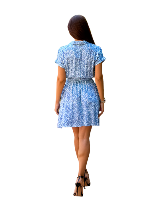 Woman wearing a blue floral dress on a white background