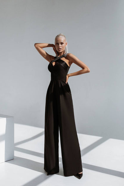 Electra Black Jumpsuit for Women with Satin Details