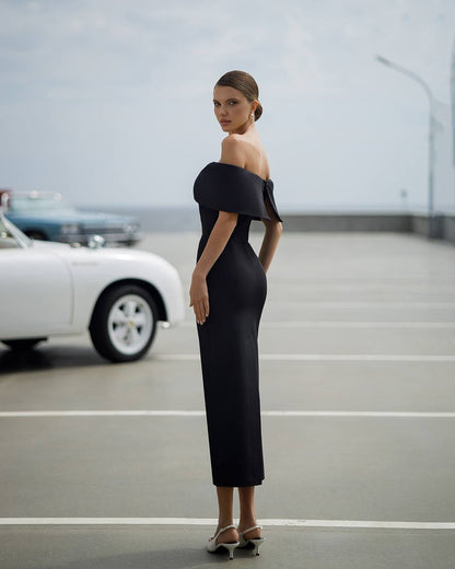 Elegant Off-Shoulder Black Midi Dress with Corset Detail