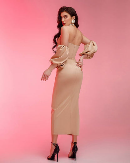 Elegant Royal Satin Midi Dress for Women with Puff Sleeves and Front Slit