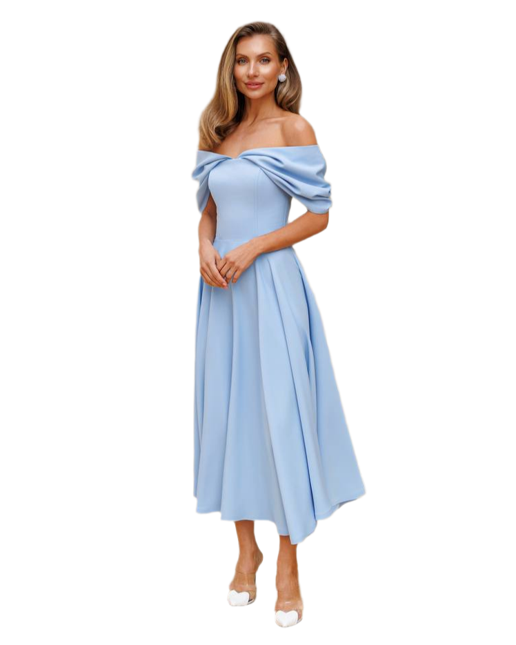 Elegant Off Shoulder Midi Dress in Diagonal Crepe Fabric