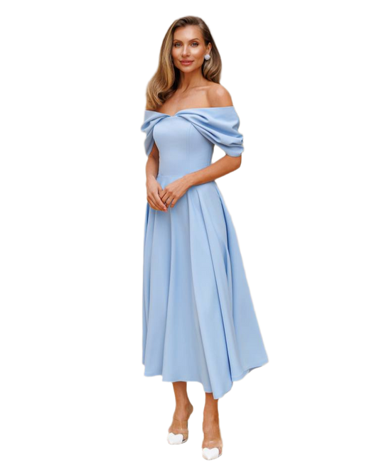 Elegant Off Shoulder Midi Dress in Diagonal Crepe Fabric