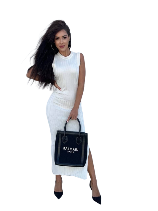 White Sleeveless Ribbed Knit Maxi Dress with Side Slit