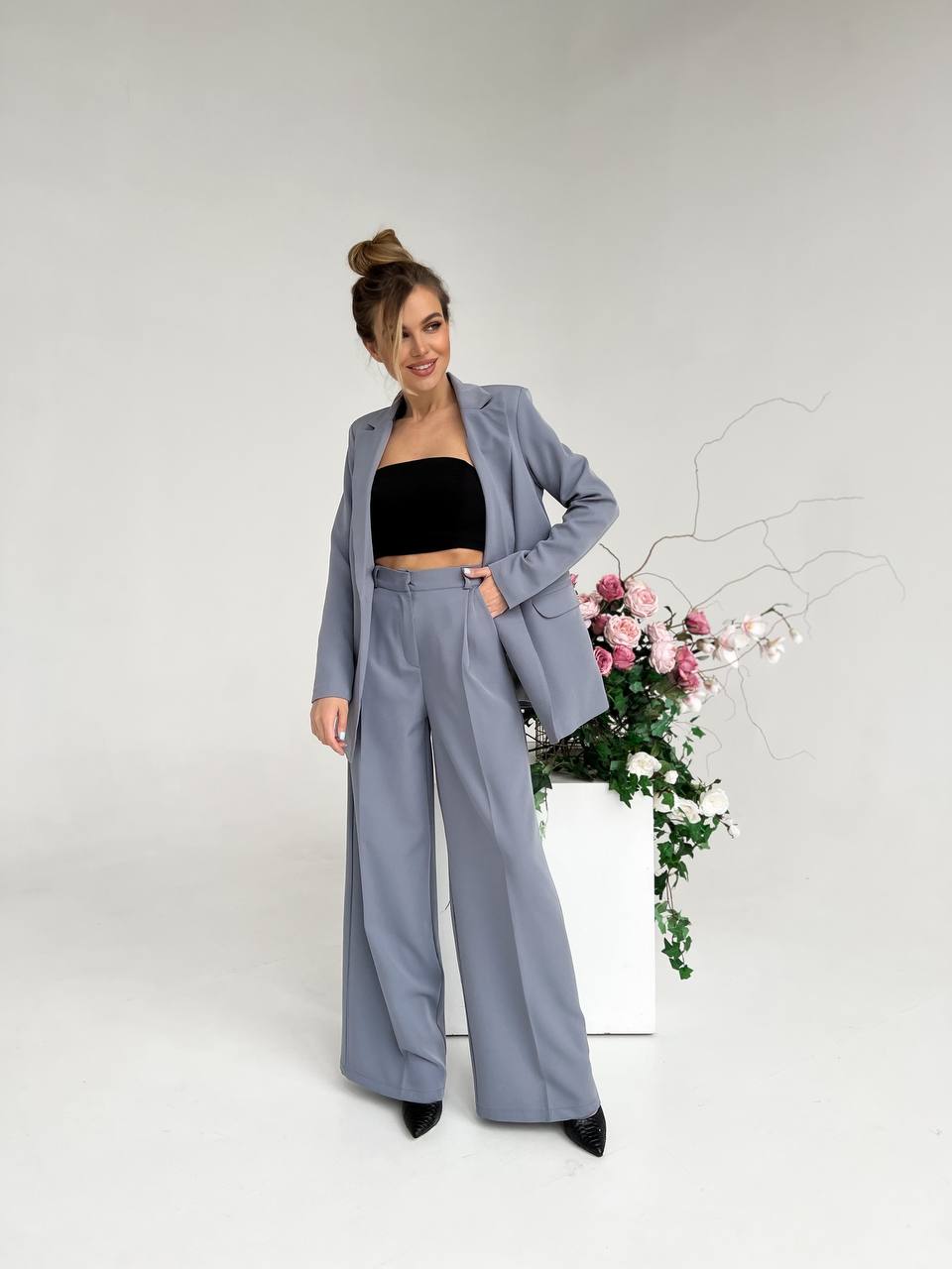 Gray Palazzo Suit Women Diagonal Crepe Tailored Blazer and Wide Leg Trousers