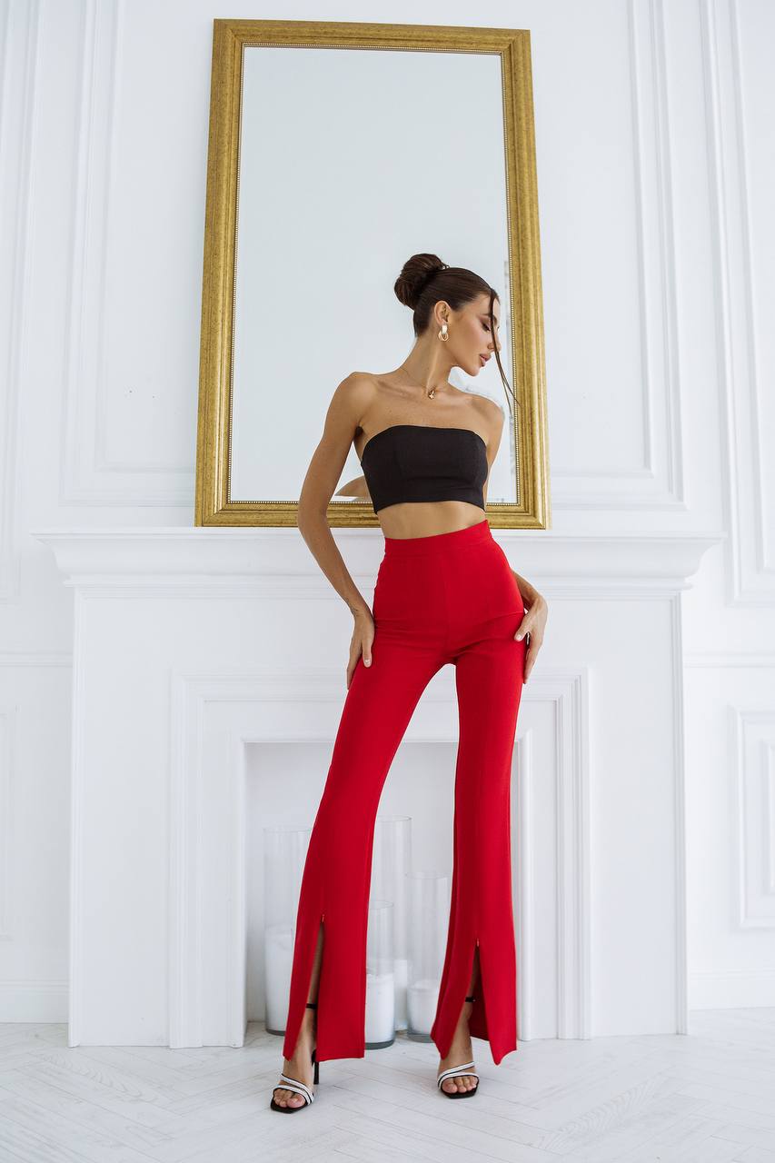Woman in black top and red pants standing in a room with a white wall and gold-framed mirror.