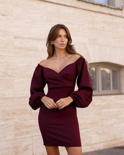 Elegant Burgundy Mini Dress with Puff Sleeves