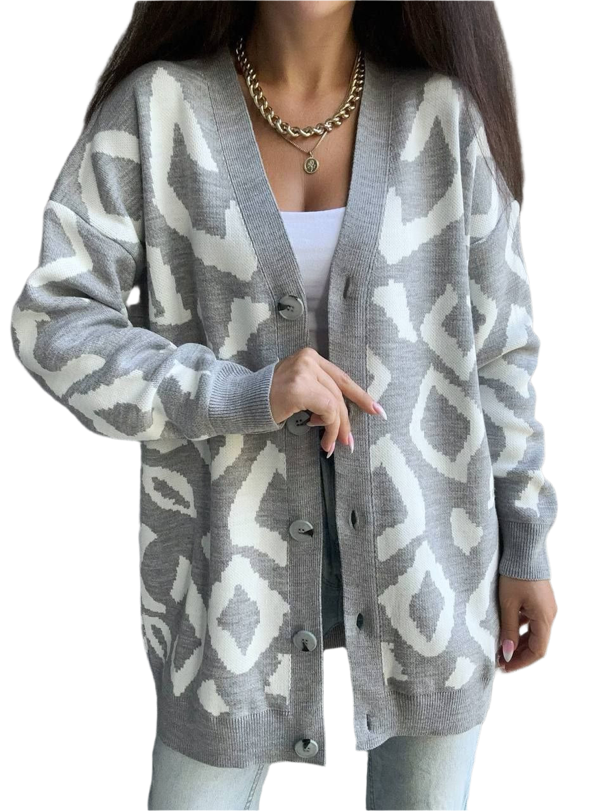 Womens Cardigan Leo Grey White Pattern Knitted Oversized Sweater