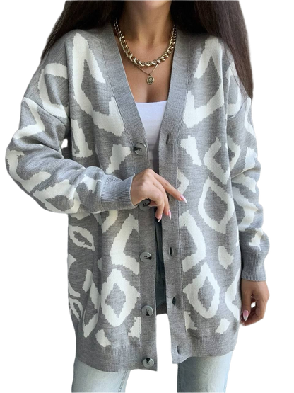Womens Cardigan Leo Grey White Pattern Knitted Oversized Sweater