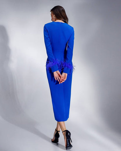 Elegant Midi Dress with Feather Sleeves in Premium Crepe-Diagonal Fabric
