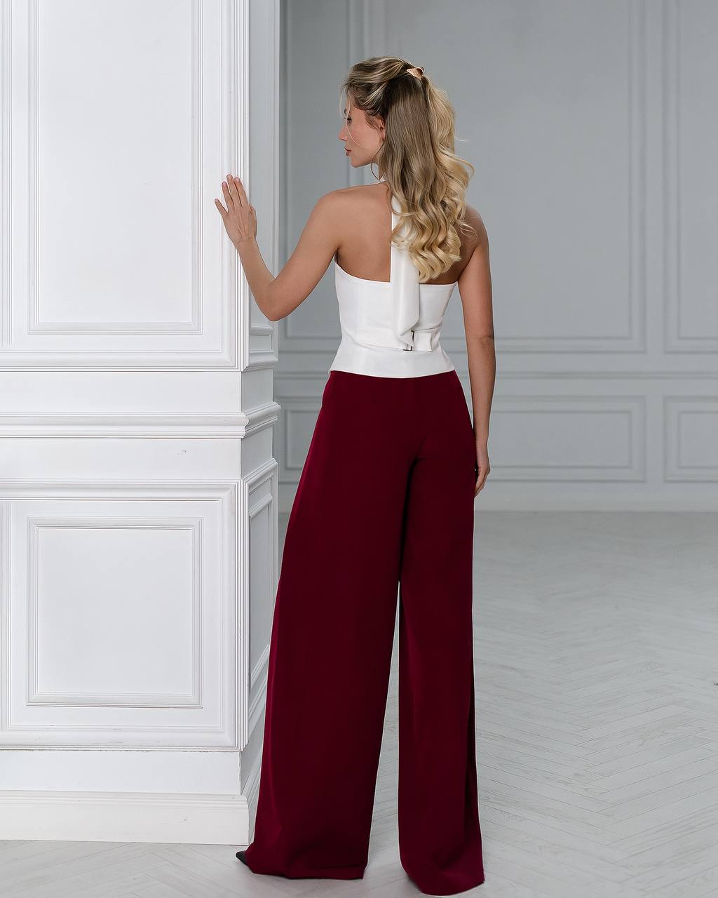 Womens Premium Diagonal Suiting Crepe Vest Halter Neck Button Front