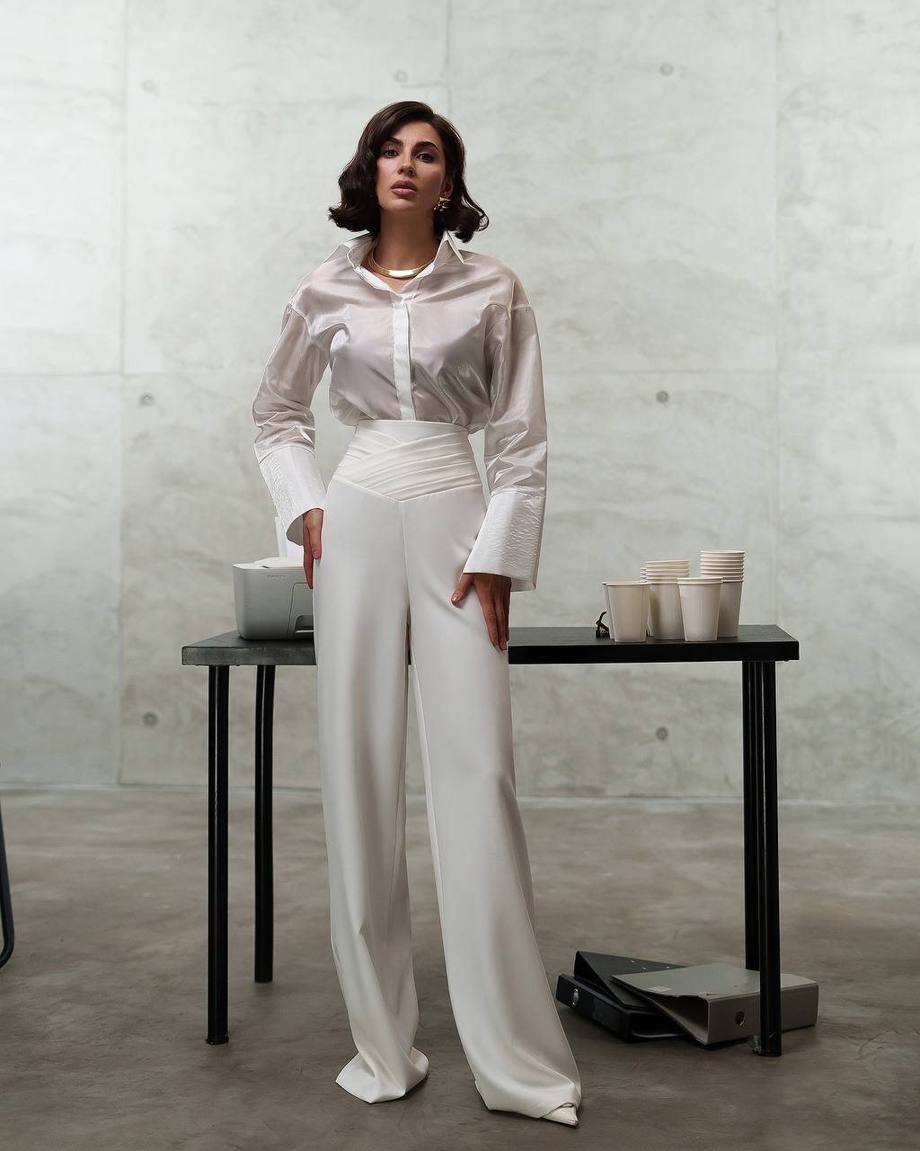 Elegant Wide Leg Trousers with Draped Top in Premium Diagonal Suiting Crepe
