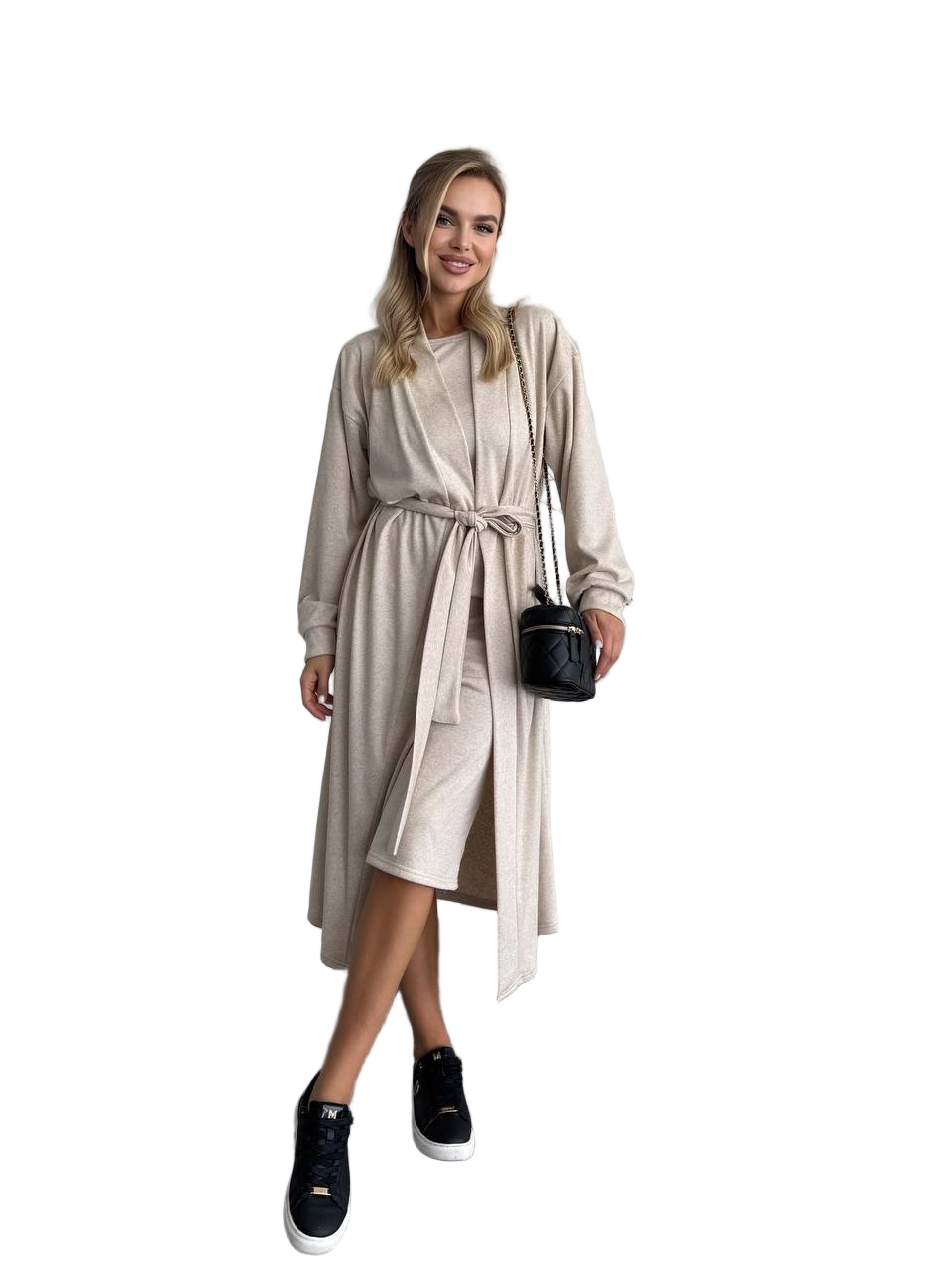 Beige Thermal Jersey Knit Set Midi Dress and Long Cardigan Cozy Office Outfit