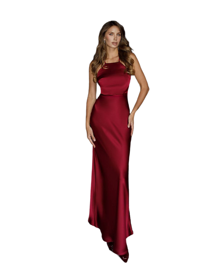 Elegant Burgundy Maxi Dress in Dense Satin Fabric