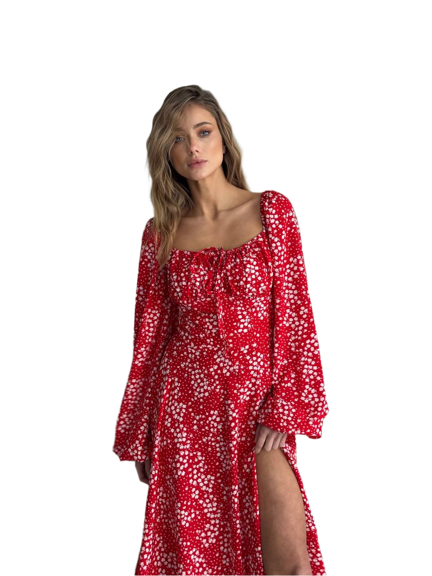Woman wearing a red floral dress on a white background
