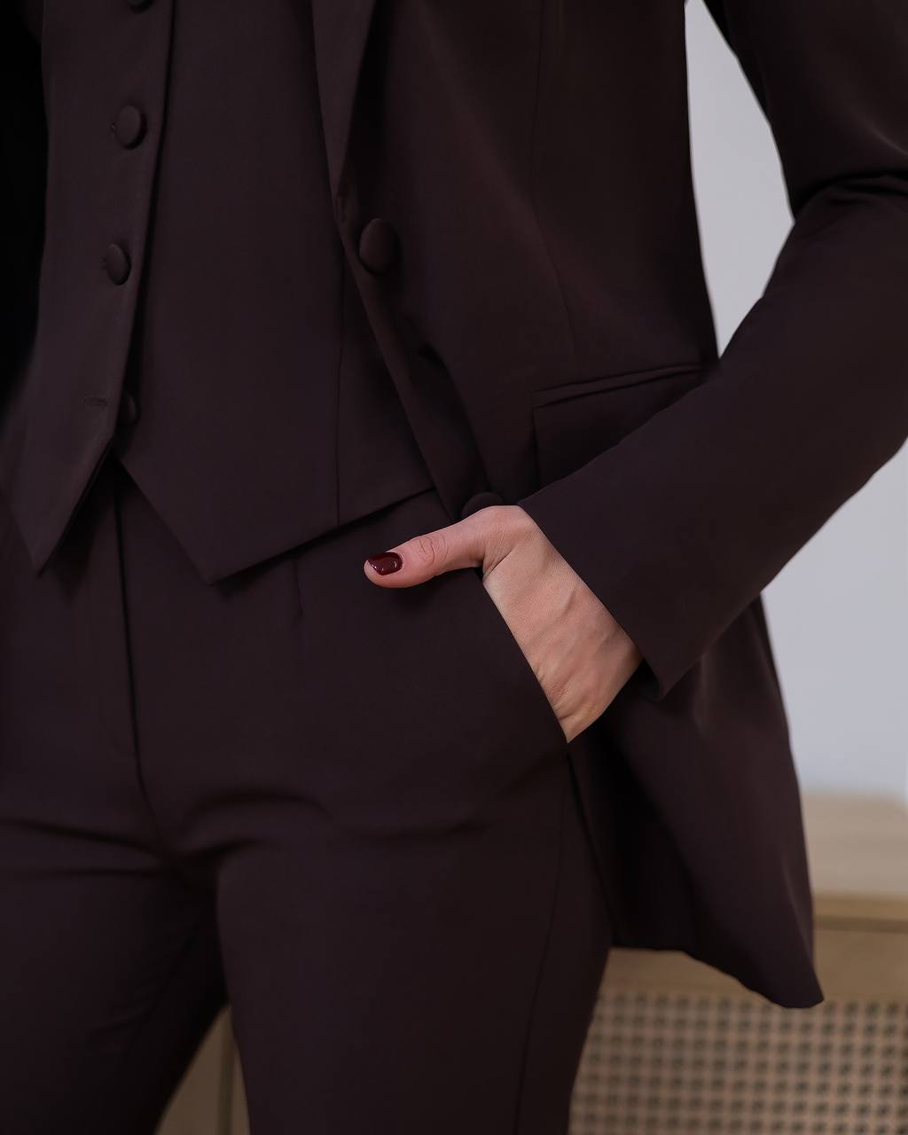 Womens Three Piece Suit with Vest and Trousers in Diagonal Crepe