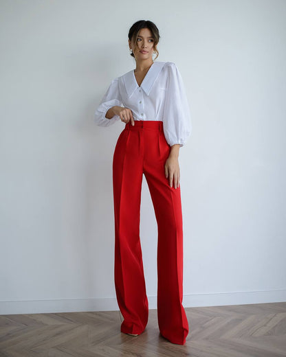 Women's High Waist Wide Leg Trousers in Suiting Crepe Diagonal Fabric