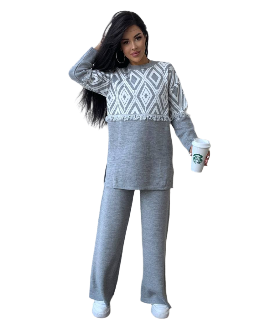 Womens Grey Knitted Two-Piece Sweater Set Wide Leg Pants