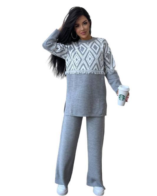 Womens Grey Knitted Two-Piece Sweater Set Wide Leg Pants