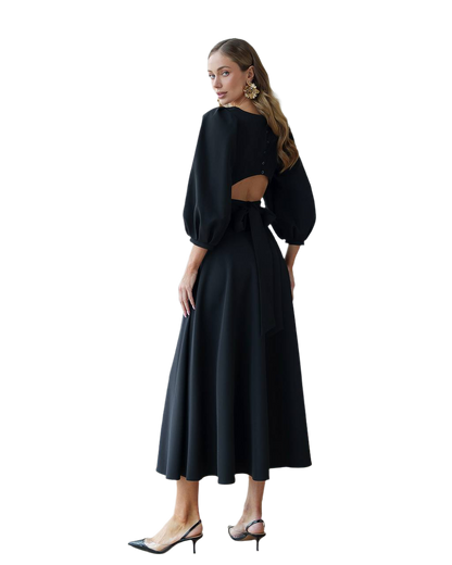 Elegant Midi Dress with Puff Sleeves and Cutout Back in Black