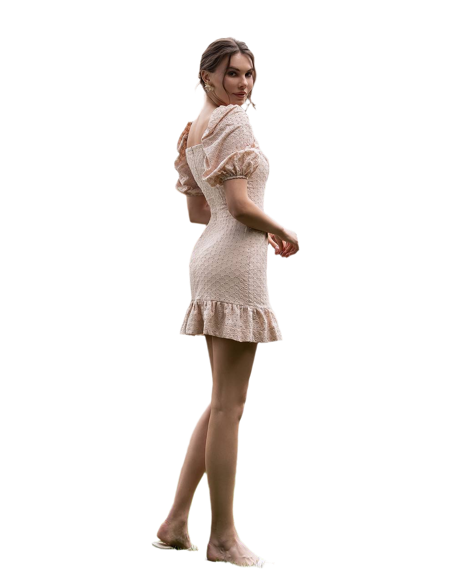 Cotton Broderie Dress with Batiste Lining in Beige