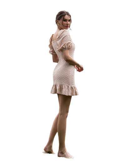Cotton Broderie Dress with Batiste Lining in Beige