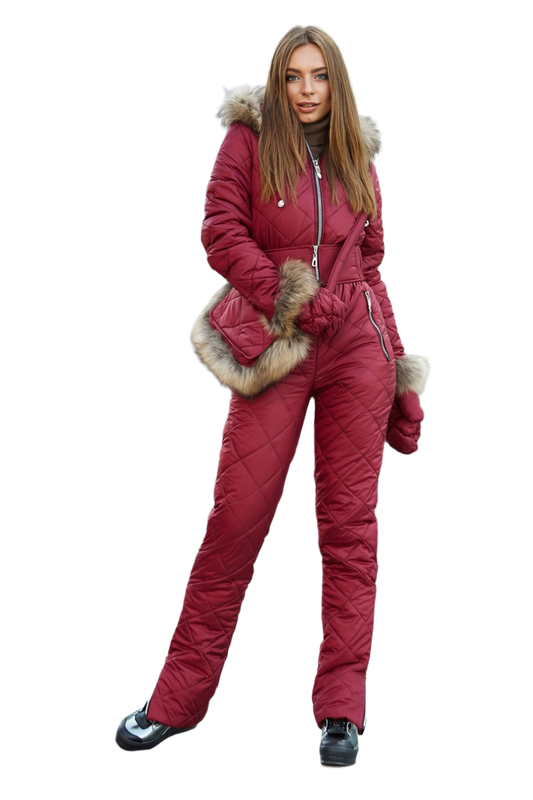 Winter Women's Quilted Ski Jumpsuit with Natural Raccoon Fur Trim