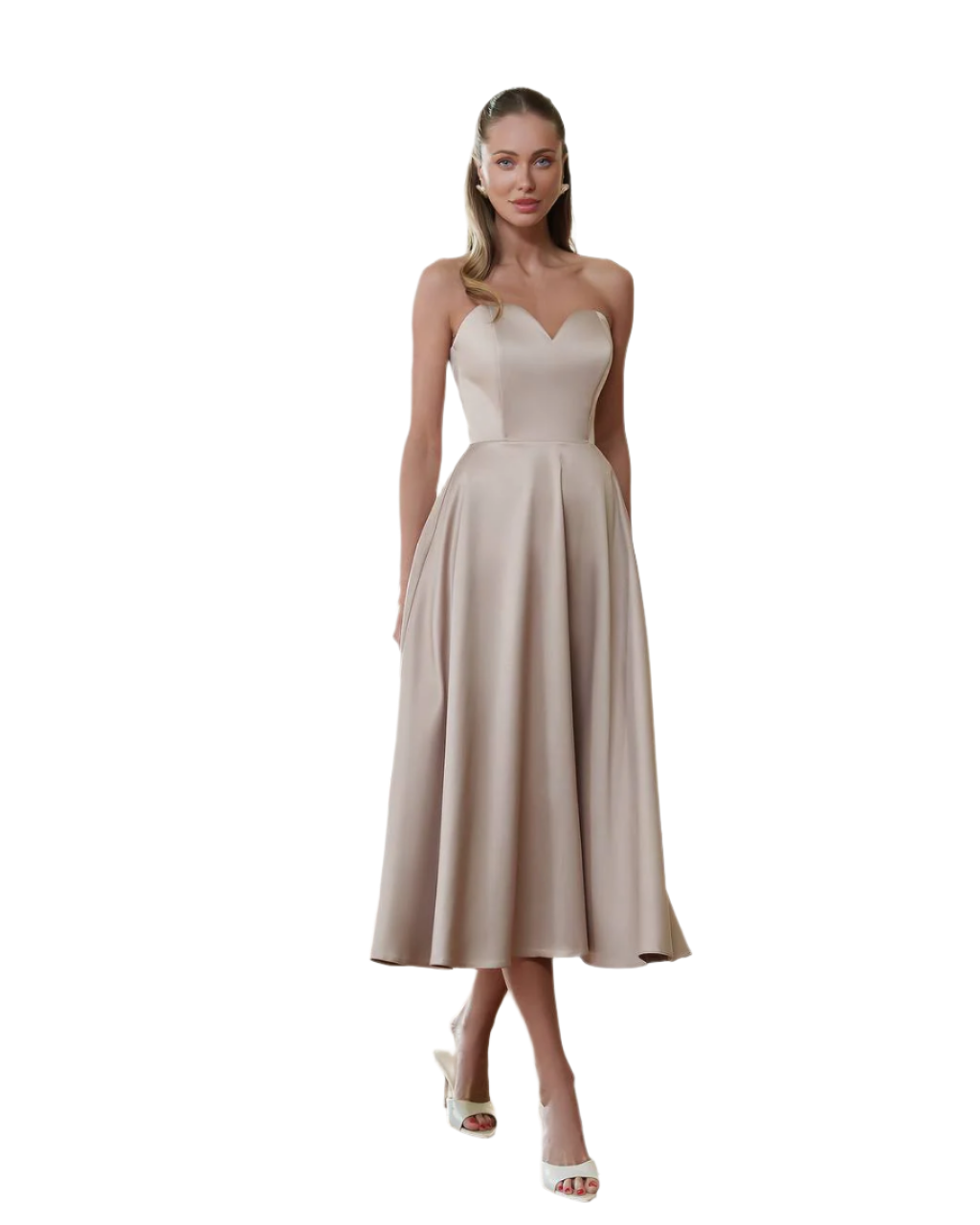 Elegant Beige Satin Dress with Corset and Flared Skirt for Parties or Weddings