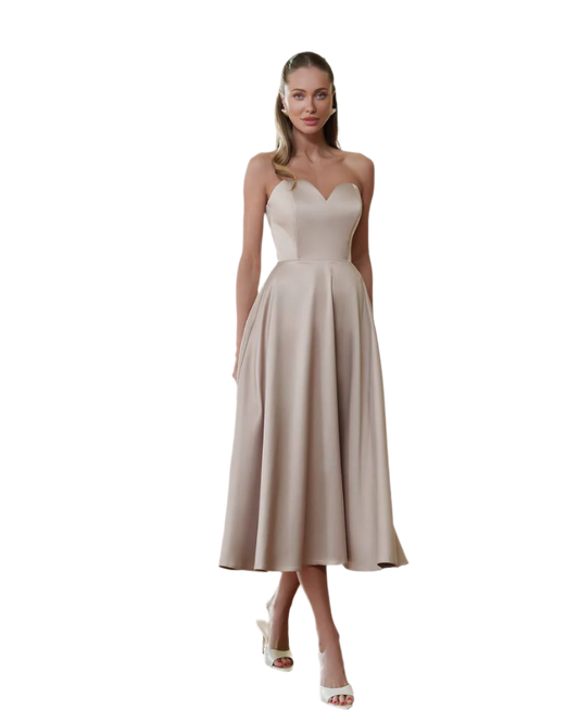 Elegant Beige Satin Dress with Corset and Flared Skirt for Parties or Weddings