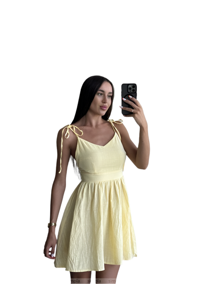 Light Yellow Linen Summer Dress with Adjustable Shoulder Ties