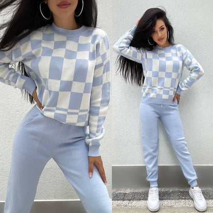 Two images of a person wearing a checkered sweater and light blue pants against a gray wall.
