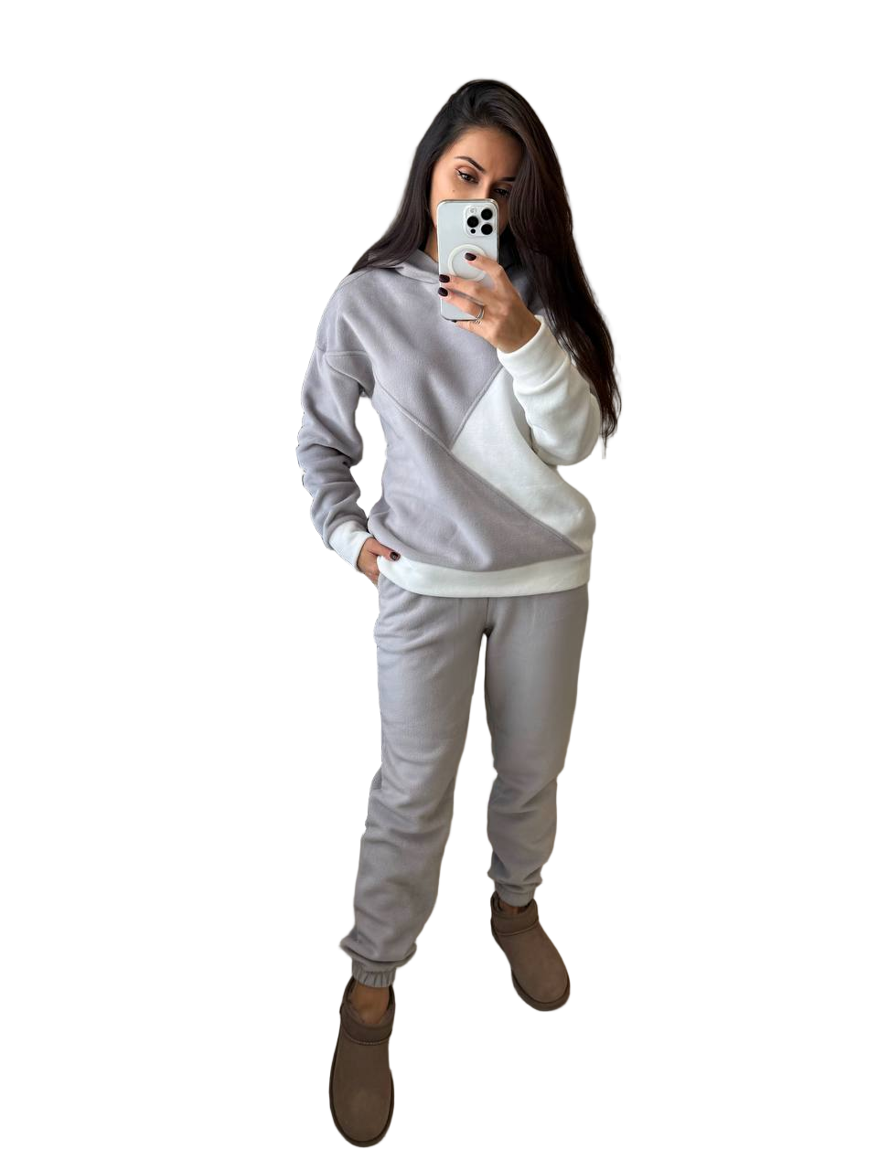 Gray White Polar Fleece Tracksuit Women Hoodie and Joggers Color Block