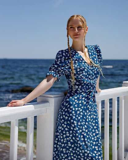 Elegant Blue Floral Midi Dress with Puff Sleeves
