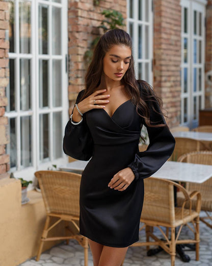 Womens Satin Off Shoulder Mini Dress with Puff Sleeves
