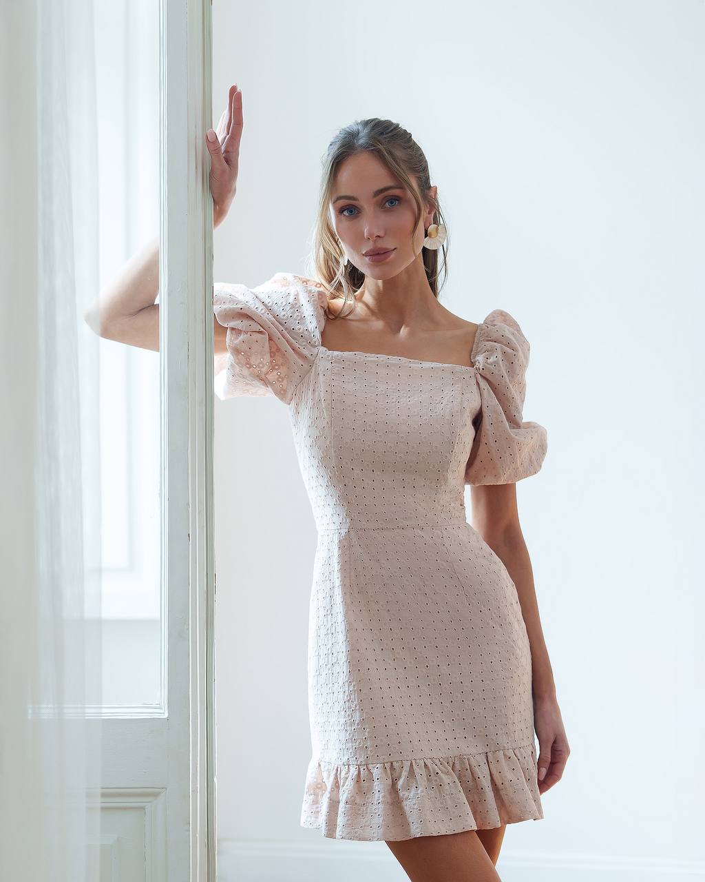Cotton Broderie Dress with Batiste Lining in Beige