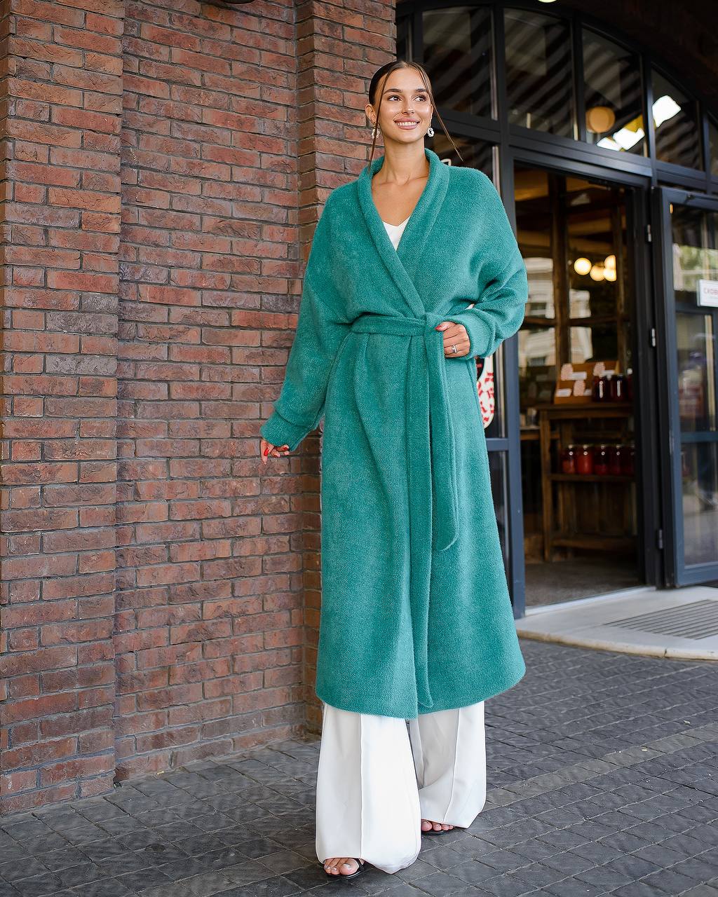 Womens Silva Fluffy Cardigan Long Sleeve Belted Coat Emerald Green