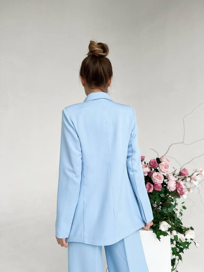 Sky Blue Palazzo Suit Diagonal Crepe Lined Blazer Wide Leg Pants