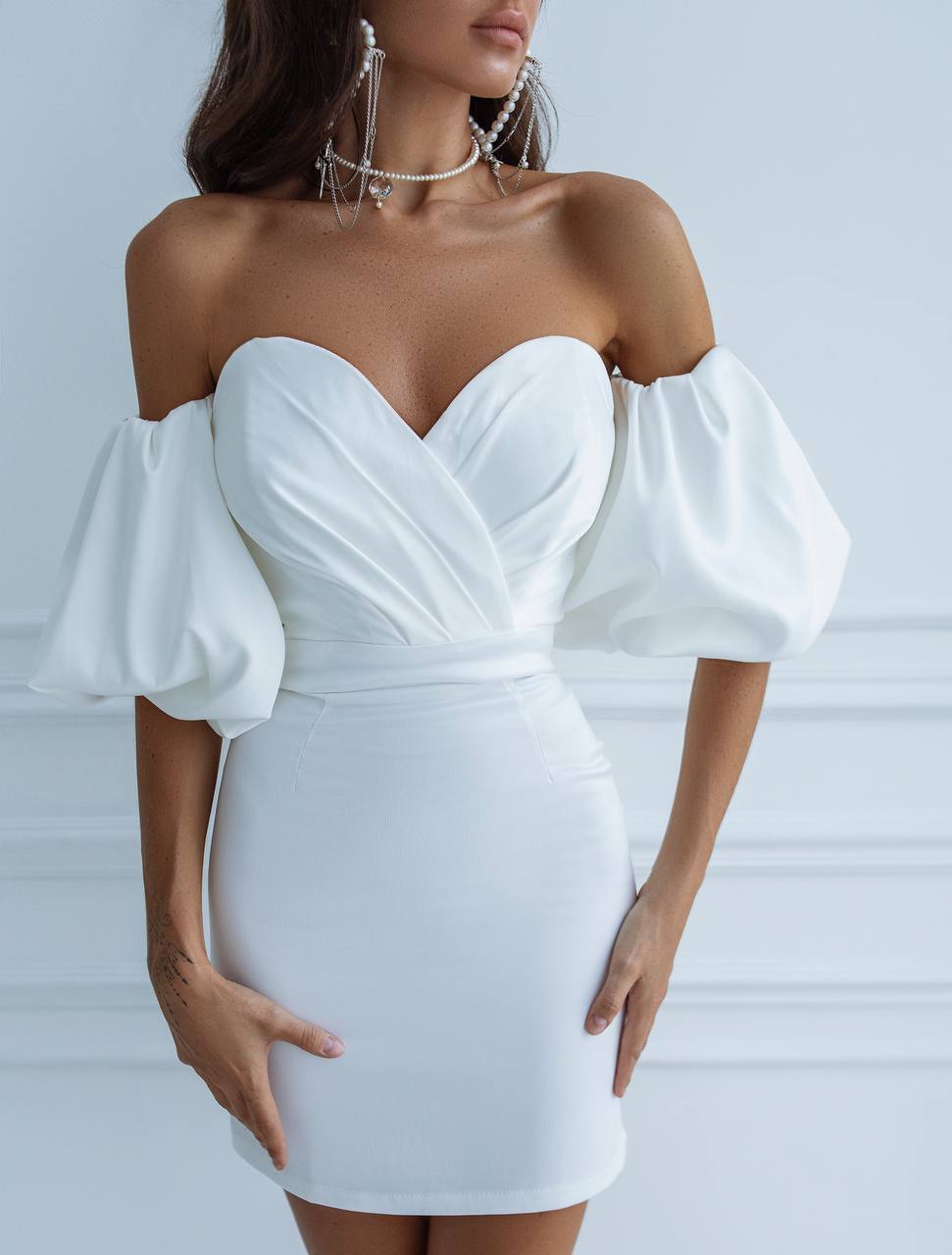 Crystal Off Shoulder Mini Dress Mango Satin Milk