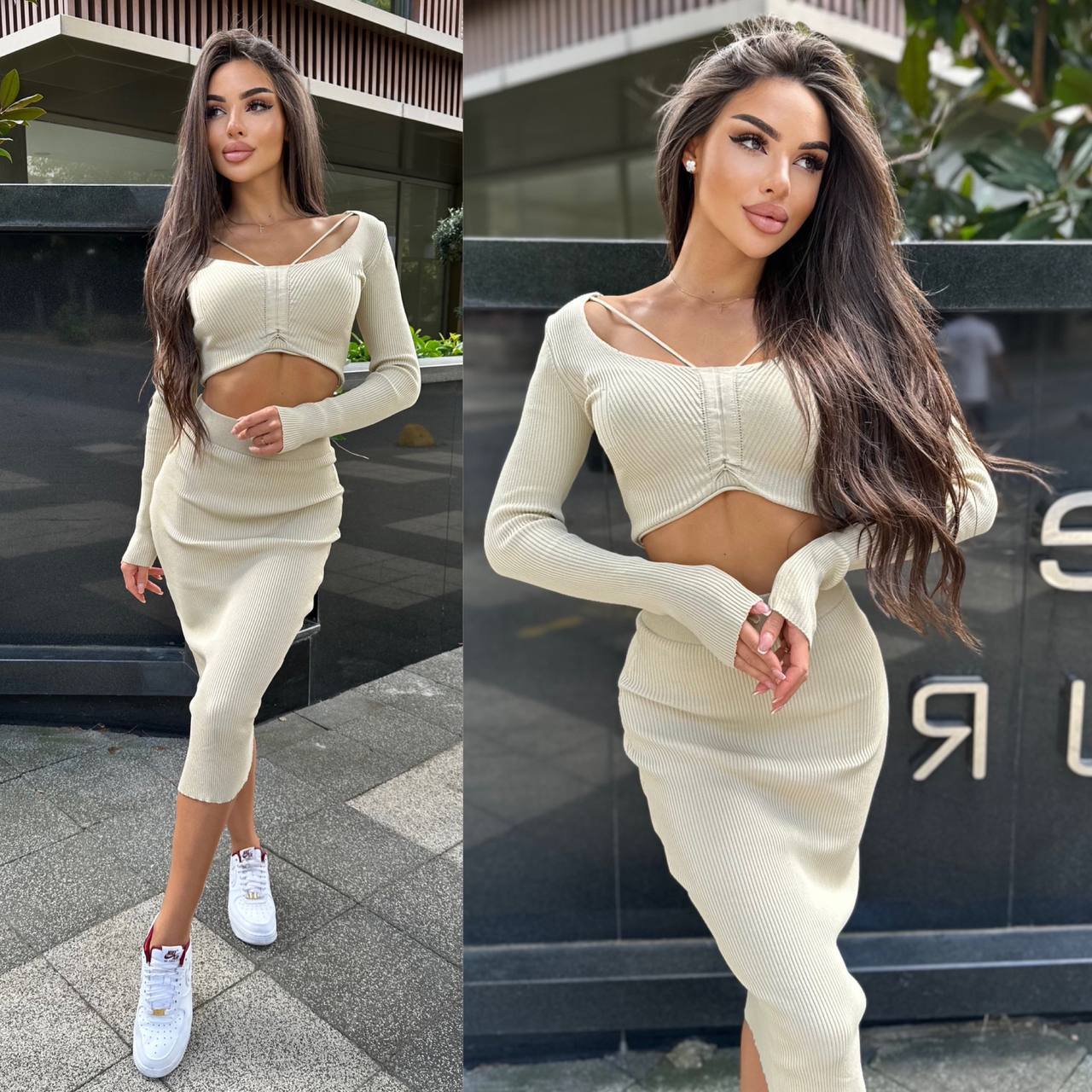 Woman wearing a cream-colored outfit standing outdoors.