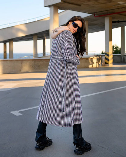 Womens Turkish Fabric Houndstooth Pattern Coat Long Trench Style Belted